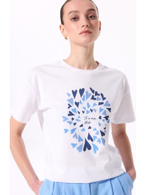 Fabrika Bisiklet Yaka Baskılı Beyaz Kadın T-Shirt F5SL-TST0425