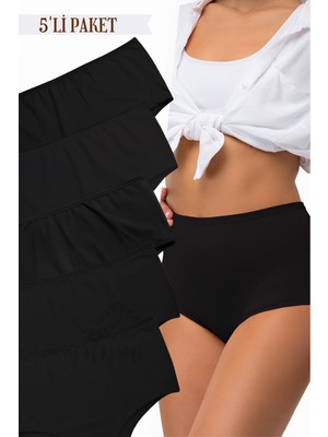 Odise Pamuklu Battal Büyük Beden Kadın Külot Yüksek Bel Bato 5 Li Paket Likralı Geniş Kenarlı Siyah