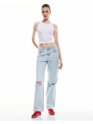 Koton Pamuklu Yıpratma Detaylı Düz Paça Denim Pantolon - Straight Fit Jean