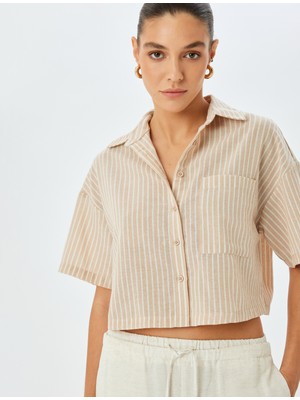 Koton Tek Cep Detaylı Kısa Kollu Çizgili Crop Gömlek