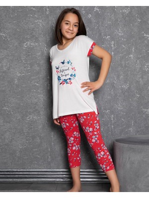 Kız Çocuk Kısa Kol Taytlı Ekru Pijama Takım C7T2N0O-046