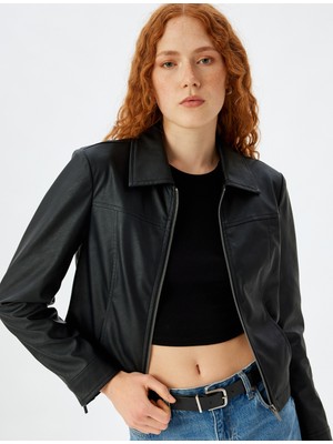 Koton Kısa Suni Deri Ceket Fermuarlı Cepli