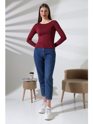 Endies Uzun Kollu Kayık Yaka Vücudu Saran Basic Kadın Body T-Shirt 21897 Bordo