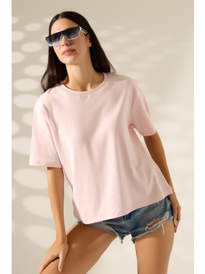 Endies  Pamuk Ribana Kumaş Bisiklet Yaka Kısa Kol Oversize Basic Düz Kadın T-Shirt 21964 Pudra
