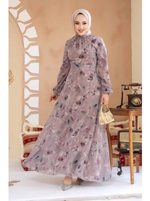 Çiçek Desenli Gül Kurusu Tesettür Elbise 27987GK