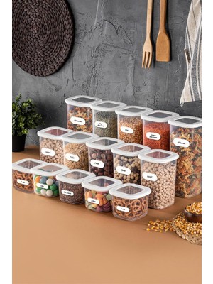 Mcreative 15'li Etiketli Foly Kare Erzak Saklama Kabı Seti 5x(0,55'litre, 1,2'litre, 1,75'litre) BEYAZ-85261345987652