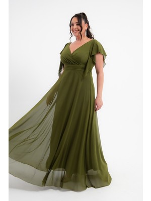 Kadın Haki V Yaka Kısa Kollu Büyük Beden Uzun Abiye Elbise