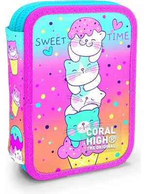Coral High Kids Renkli Dondurmalı Kedi Desenli Çift Katlı Kalem Çanta 11139