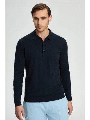 Kaşmir Pamuk Karışım Polo Yaka Lacivert Triko