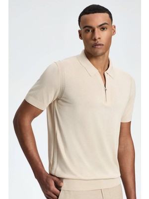 Hemington Ipek Pamuk Karışım Fermuar Detaylı Krem Rengi Triko Polo