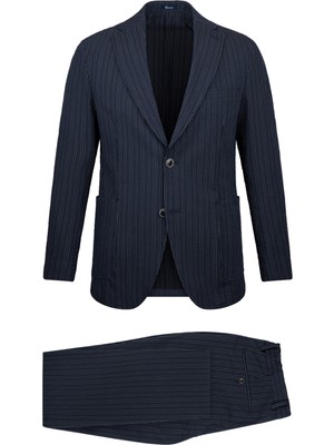 Hatemoğlu Lacivert Comfort Fit Çizgili Mono Yaka Casual Takım Elbise