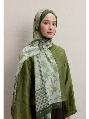 Fresh Wıld Botanıcal Desen Ipek Krep Şal Haki