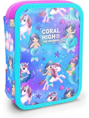 Coral High Kids Mor Pembe Unicorn Deniz Kızı Desenli Çift Katlı Kalem Çanta 11138