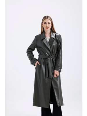 Astarlı Beli Kuşaklı  Apoletli  Suni Deri Trençkot Pardüsü