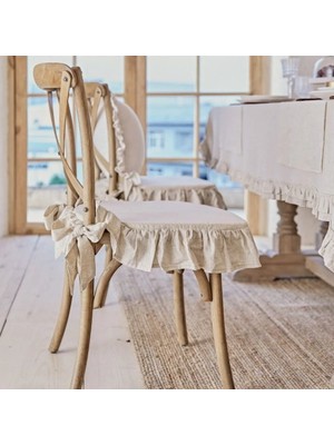 Sister Home Design iskandinav Stil 4 Adet Naturel Buldan Keten Fırfırlı Bağcıklı Sandalye Minderi