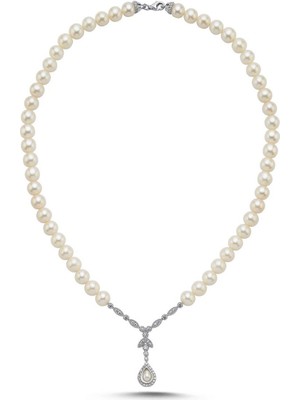 Birinci1926 925 Ayar Gümüş 6 mm Damla Taşlı Doğal İncili Kolye