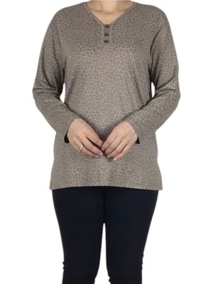 Ece Giyim Kadın V Yaka Cam Kırığı Desenli Likralı Penye Bluz