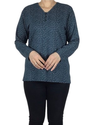 Ece Giyim Kadın V Yaka Cam Kırığı Desenli Likralı Penye Bluz