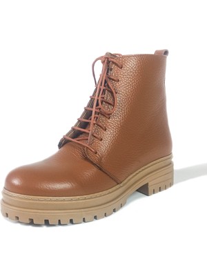 Gdt Ayakkabı Deri Taba Renk Fermuarlı Bağcıklı Kadın Postal Bot