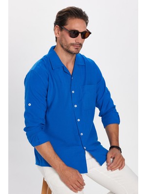 Tudors Erkek Relax Fit Rahat Kesim Oversize %100 Pamuk Keten Doku Apaş Yaka Saks Mavi Gömlek