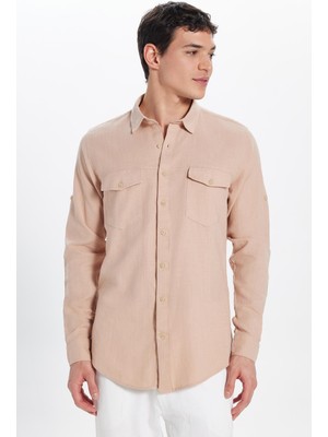 Erkek Slim Fit Dar Kesim %100 Pamuk Keten Doku Çift Cep Spor Yaka Somon Gömlek