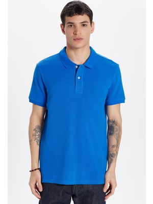 Erkek Slim Fit Dar Kesim %100 Pamuk Saks Mavi Polo Yaka Tişört