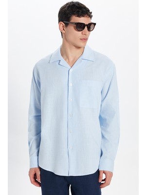 Tudors Erkek Relax Fit Rahat Kesim Oversize %100 Pamuk Keten Doku Apaş Yaka Mavi Gömlek