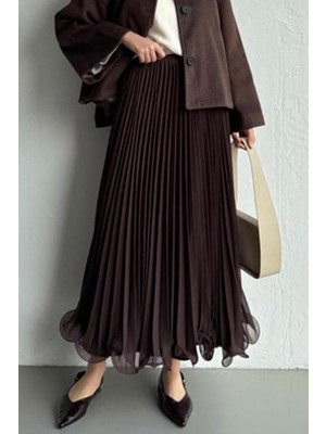 Kloş Volanlı Şifon Etek 1402 - Kahve