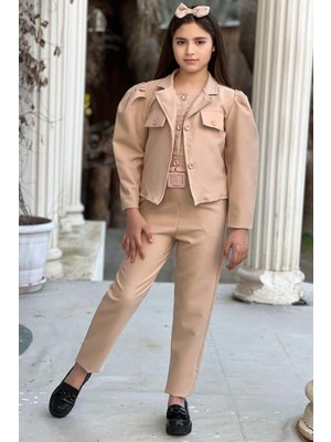 Riccotarz Kız Çocuk Kolsuz Penye Gömlek Cep Detaylı Blazer Ceket Kemerli Pantolon Krem Alt Üst Takım