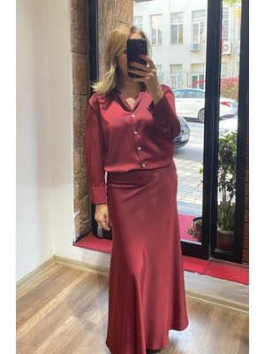 Alya NS Butik Saten Gömlek Bordo
