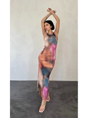 Defy Moda Bej Batik Desenli Elbise