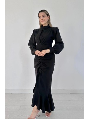 Defy Moda Siyah Volanlı Uzun Kol Elbise