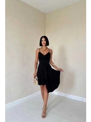 Defy Moda Siyah Jakarlı Asimetrik Elbise