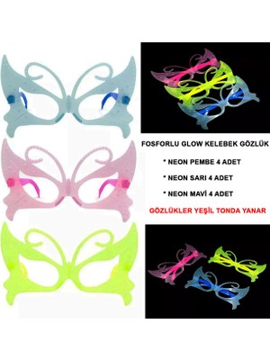 Store Fosforlu Kelebek Model Glow Parti Gözlüğü Karanlıkta Yanan Gözlükler 12 Adet