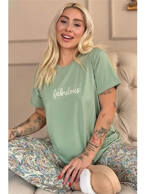 Mint Fabulous Desenli Kısa Kollu Örme Kadın Pijama Takımı