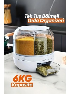 Ozcmax 360° Dönebilen Kuru Gıda ve Bakliyat Organizeri 6 Bölmeli Hava Geçirmez Saklama Kabı 6 Lt