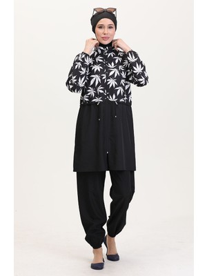 Beli Lastikli Fermuarlı Tesettür Mayo 9005D-01 Siyah Beyaz