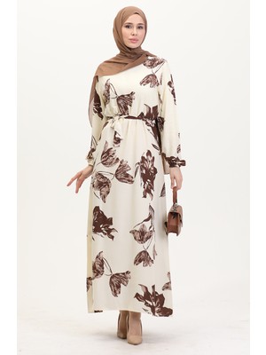 Sefa Merve Desenli Kuşaklı Viskon Elbise 0022-04 Krem Kahverengi