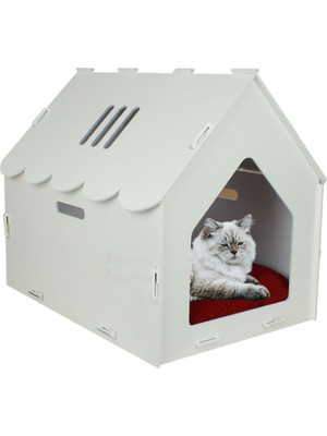 Mediterian Beyaz ahşap büyük kedise yatak 50x35 cm, parlak boyalı, çatılı ve çizgili model