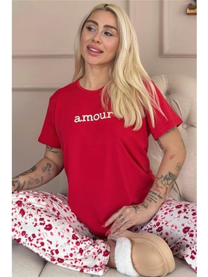 Kırmızı Amour Desenli Kısa Kollu Kadın Pijama Takımı
