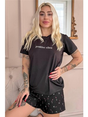 Pijama Evi Siyah Positive Vibes Desenli Kısa Kollu Şortlu Örme Kadın Pijama Takımı