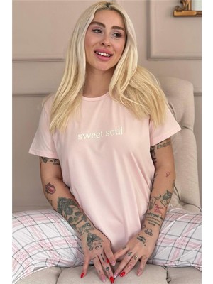 Pijama Evi Pudra Sweet Soul Ekose Desenli Kısa Kollu Kadın Pijama Takımı