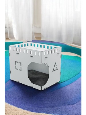 Mediterian Büyük Ahşap Kedi Evi, Dekoratif, Dayanıklı, Beyaz, 50x35 cm, Konforlu Kedi Yatağı