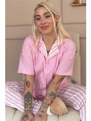 Toz Pembe Line Desenli Bambu Önden Düğmeli Kısa Kol Pijama Takımı