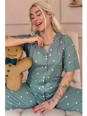 Pijama Evi Yeşil Heart Desenli Bambu Önden Düğmeli Kısa Kol Pijama Takımı