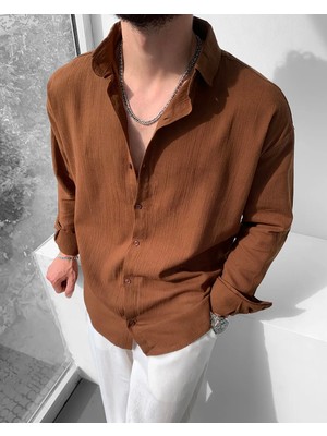 Erkek Oversize Uzun Kollu Yazlık Keten Gömlek