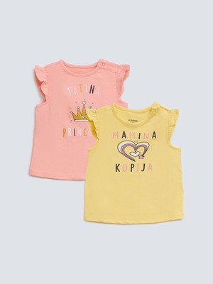 Bisiklet Yaka Baskılı Pamuklu Kız Bebek Tişört 2'li