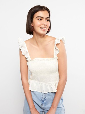 Kare Yaka Nakışlı Askılı Poplin Kadın Bluz