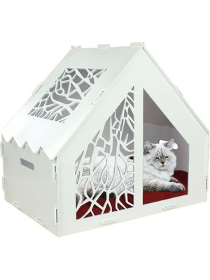 Mediterian Ahşap Büyük Kedi Yatağı Premium Kalite Beyaz Kedi Evi 50x35 cm Parlak Boyalı Seperatör Model