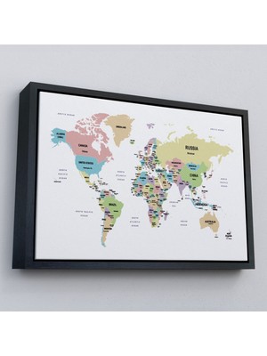 Marsilyan Çerçeveli Dünya Haritası Dekoratif Kanvas Tablo Ülke ve BAŞKENTLI-1533